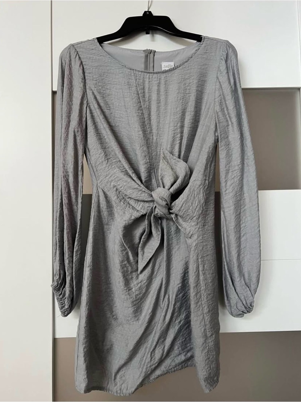 Selfie Leslie Gray Textured Long-Sleeve Mini Dress with Front Tie